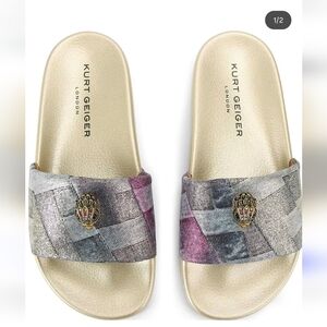 New With The Box Kurt Geiger Metallic Gold Slide Sandals with Multicolor Straps